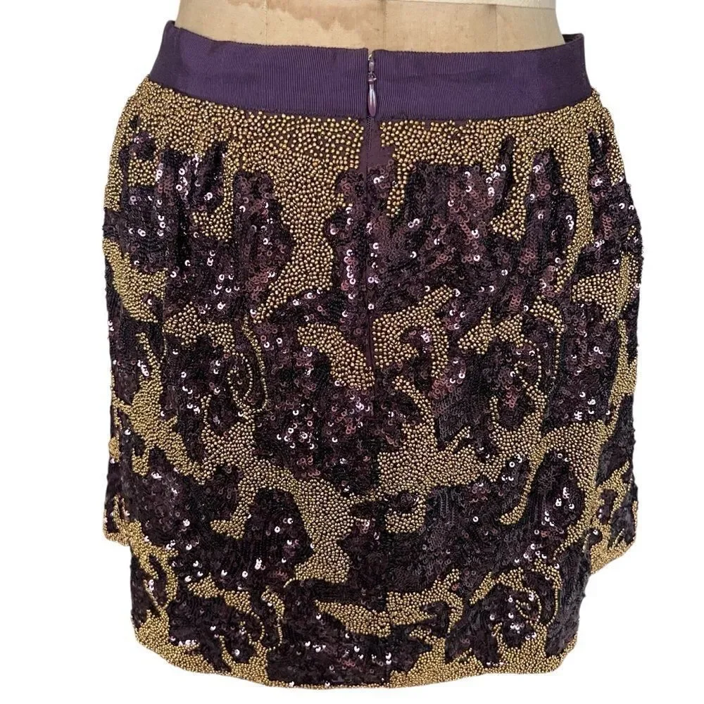 CLUB MÓNACO Purple & Gold Floral Sequin Beaded Mini Skirt Size M